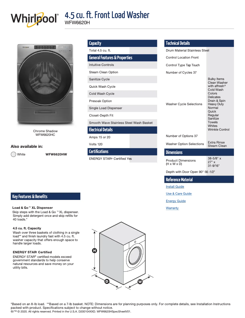 Página 1 del manual Ficha técnica Whirlpool WHLAUWED6620HC