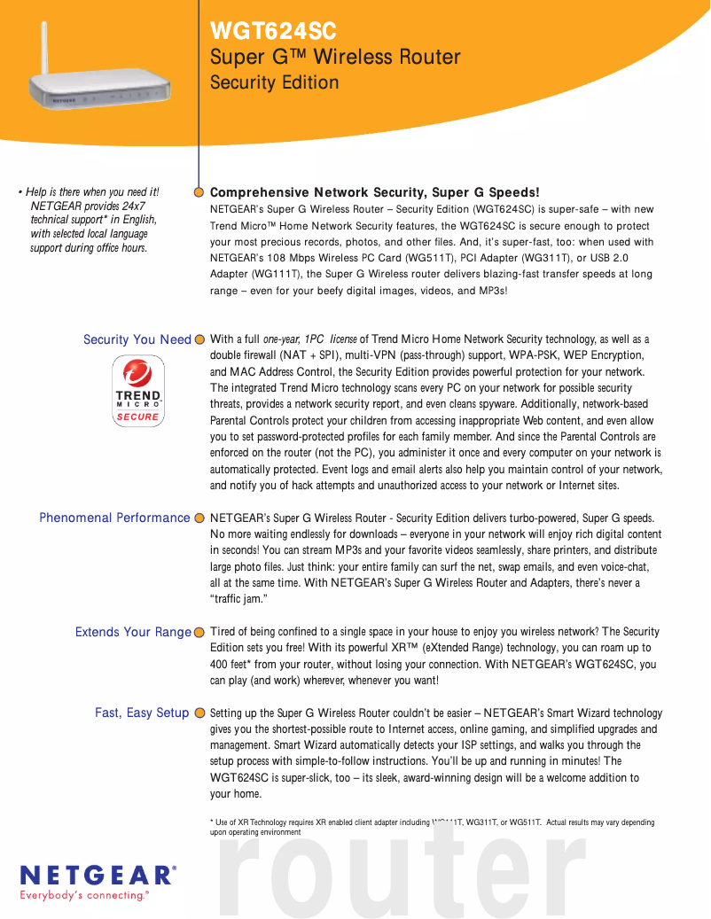 Page 1 de la notice Fiche technique Netgear WGT624SC