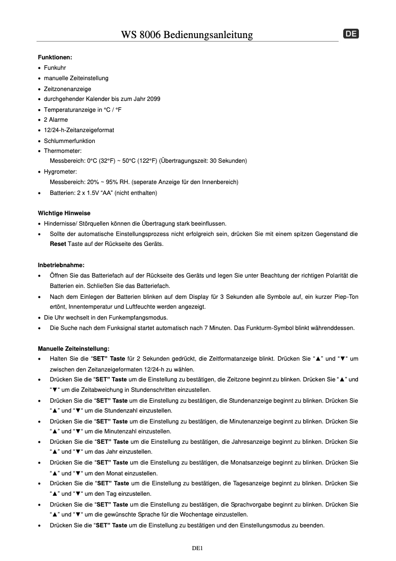 Image de la première page du manuel de l'appareil WS 8006