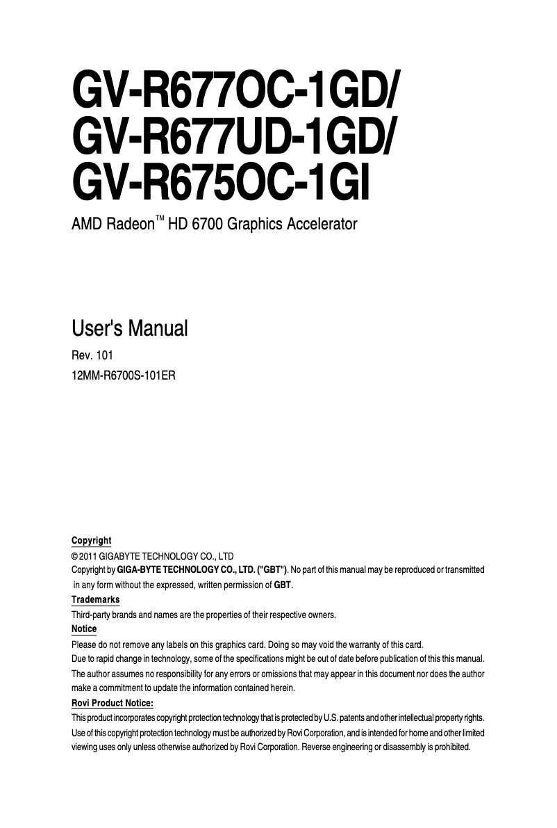 Page 1 de la notice Manuel utilisateur Gigabyte Radeon HD6750