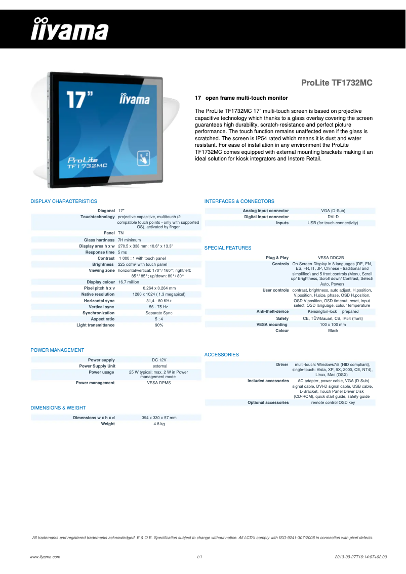 Page 1 de la notice Manuel utilisateur Iiyama ProLite TF1732MC