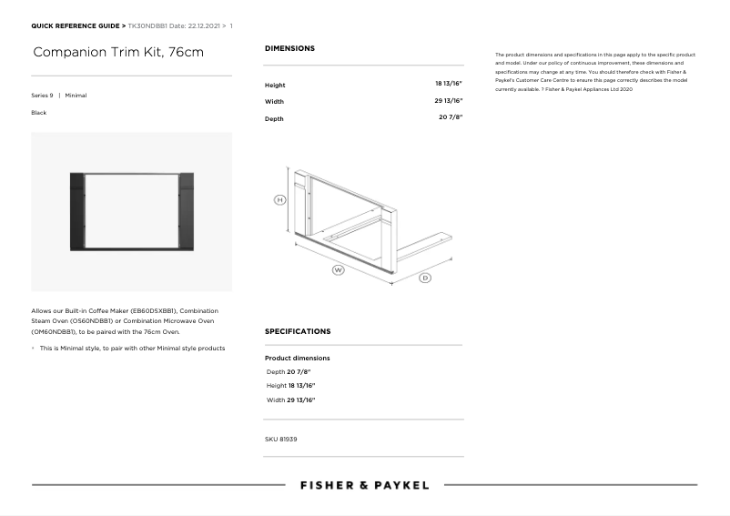 Page n°1 - Manuel utilisateur Fisher & Paykel TK30NDBB1