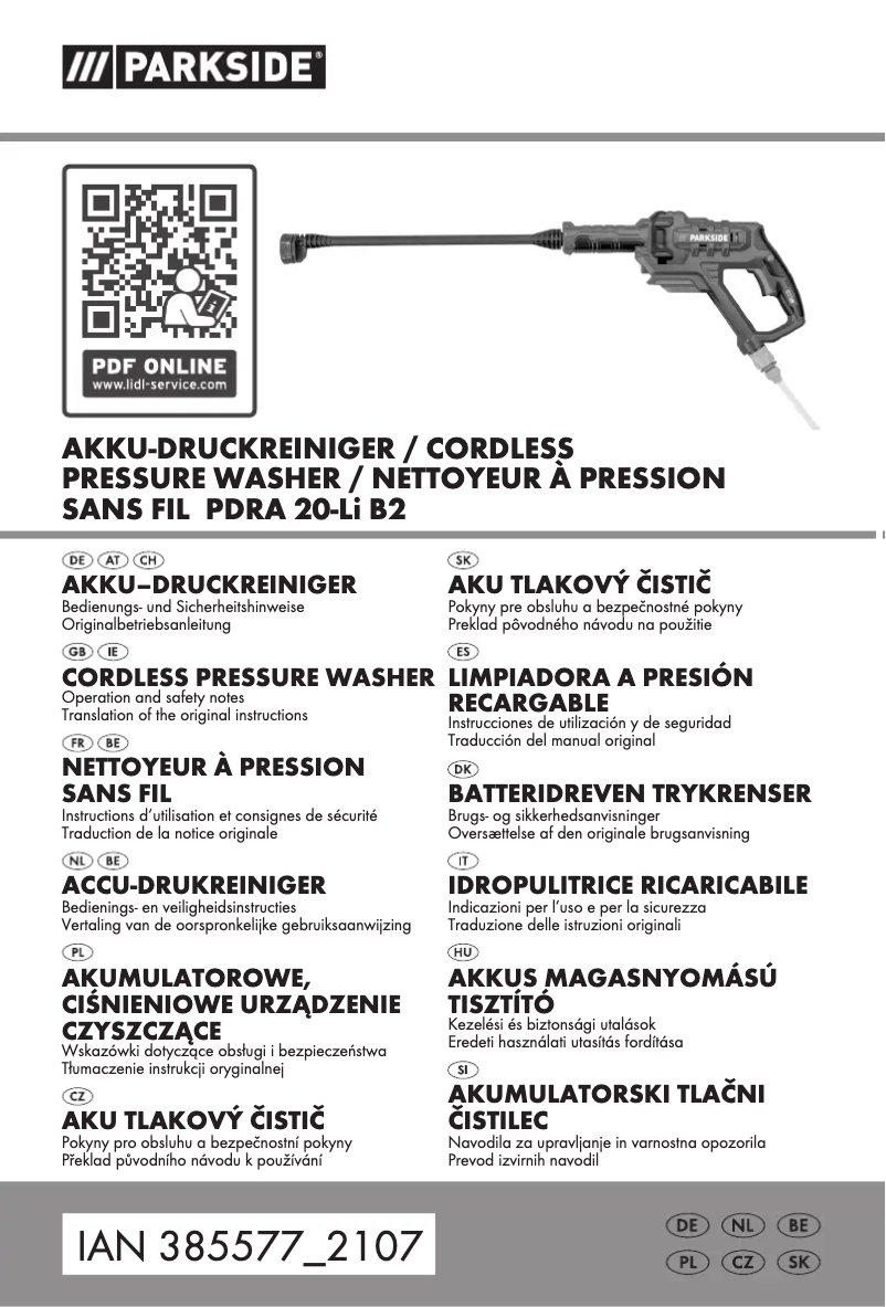 Page n°1 - Manuel utilisateur Parkside PDRA 20-Li B2