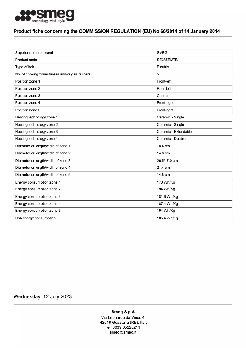 Página 1 del manual Ficha técnica Smeg SE385EMTB