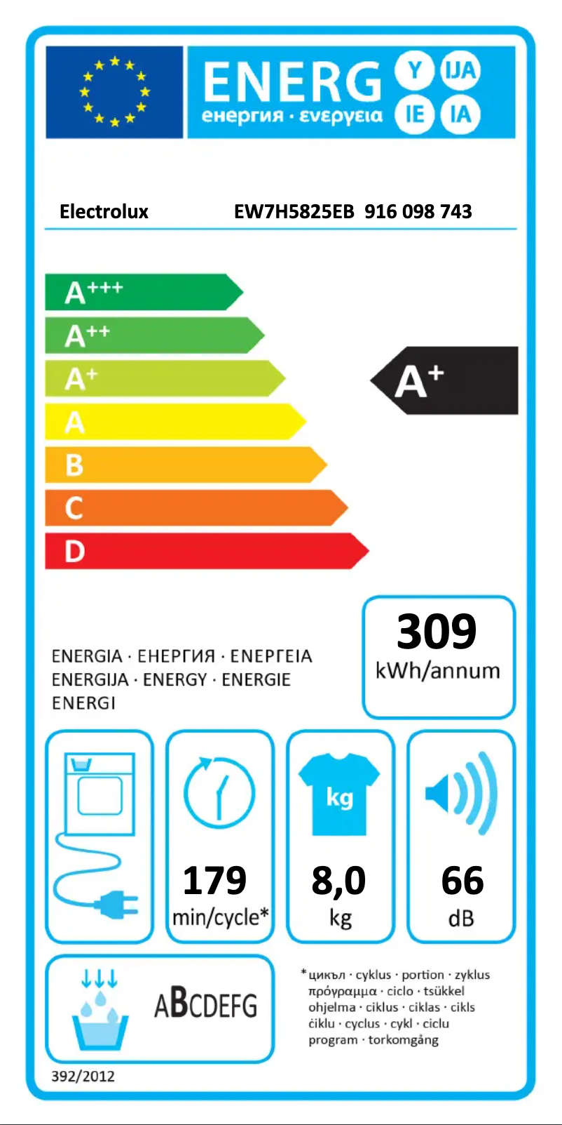 Page n°1 - Label énergétique Electrolux EW7H5825EB
