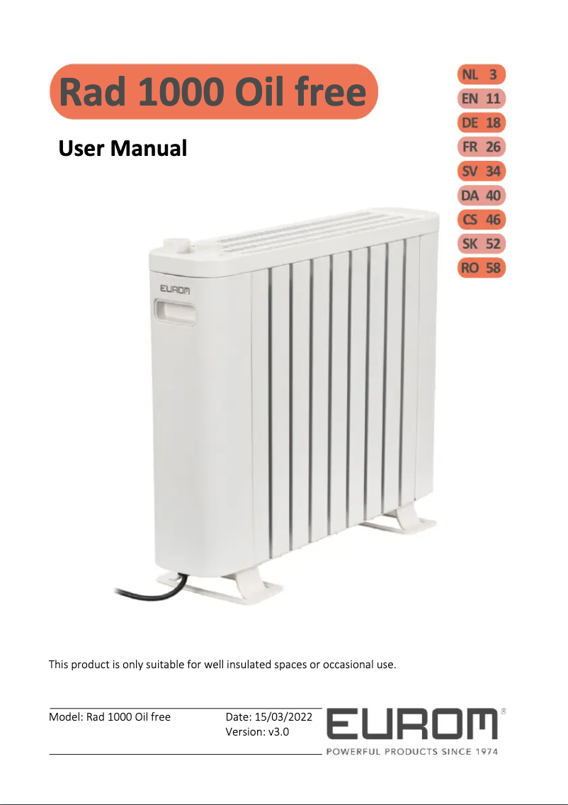 Page 1 de la notice Manuel utilisateur Eurom RAD 1000 Oil free