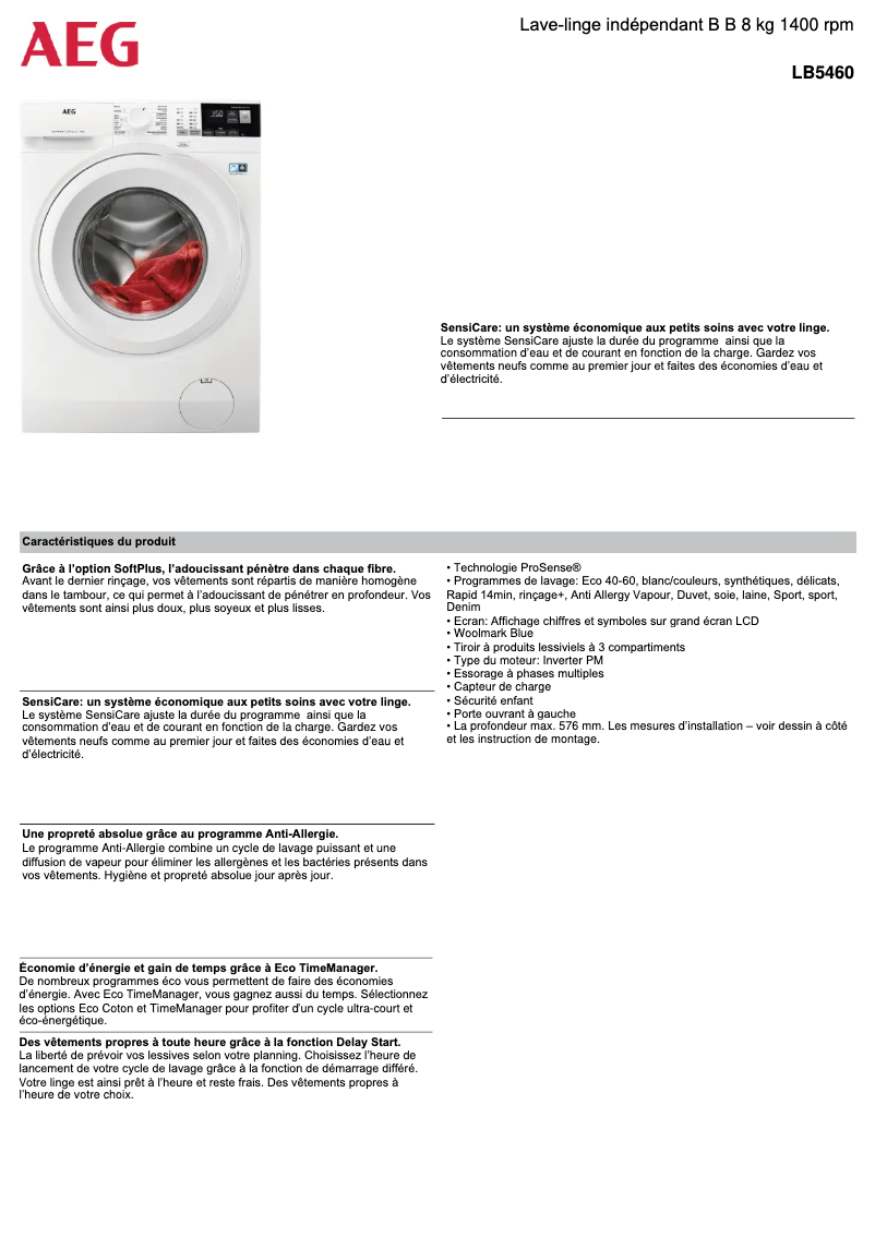 Page 1 de la notice Fiche technique Electrolux LB5460