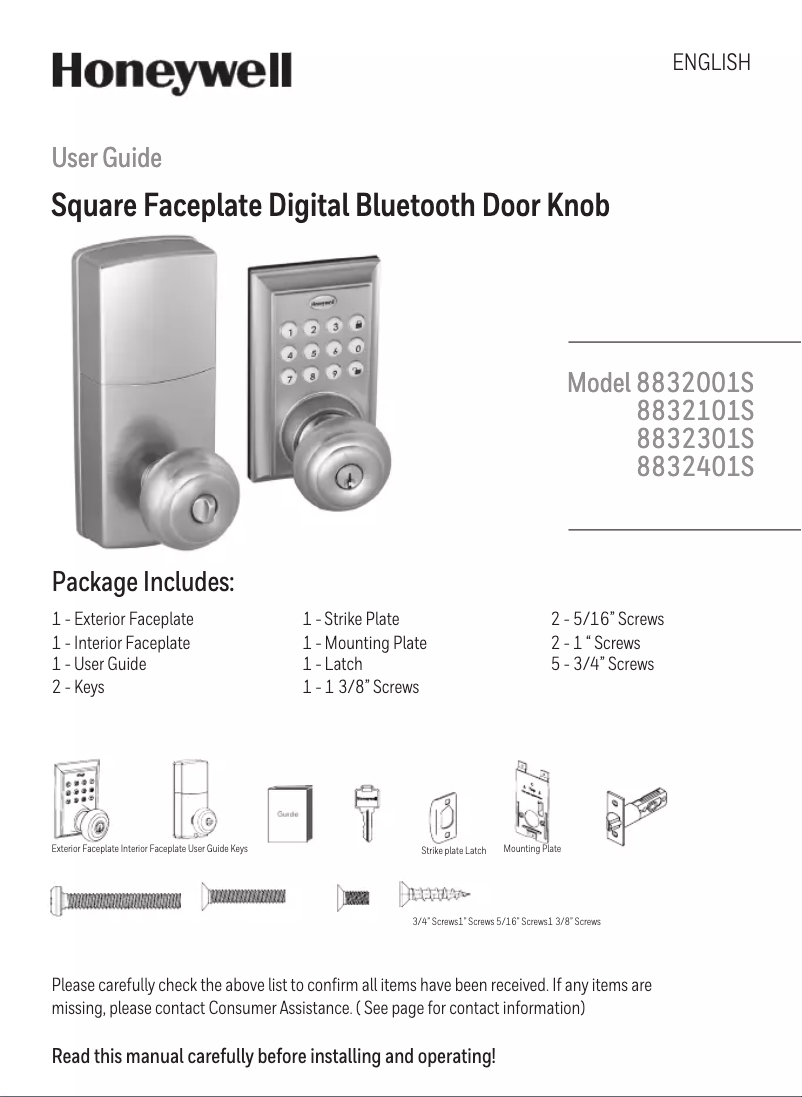 Page n°1 - Manuel utilisateur Honeywell 8832301S