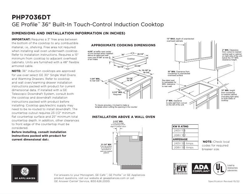 Page n°1 - Fiche technique GE Profile PHP7036DTBB