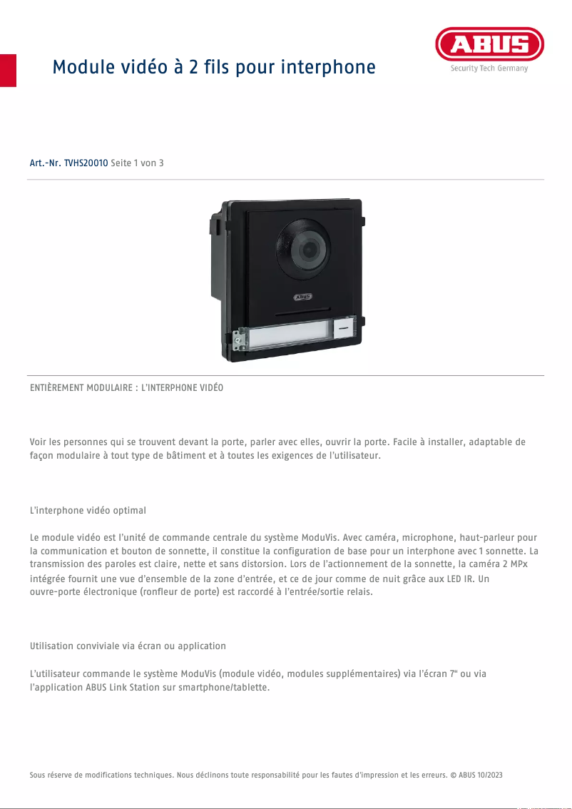 Page n°1 - Fiche technique Abus TVHS20010