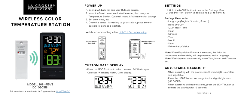 Page 1 de la notice Guide de démarrage rapide La Crosse Technology 308-1415V3