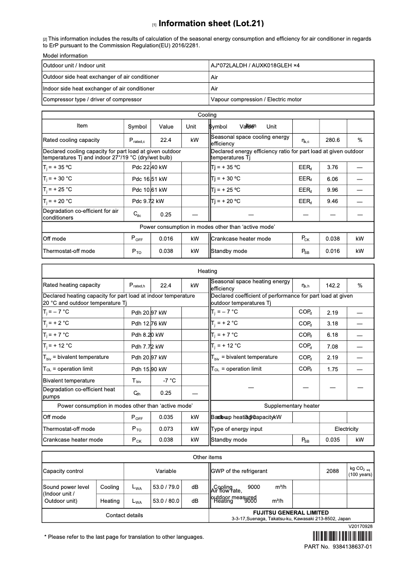 Page 1 de la notice Fiche technique Fujitsu AIRSTAGE AJY072LALDH