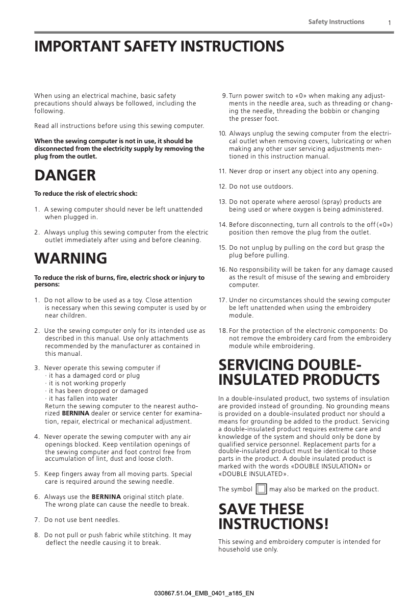 Page n°1 - Manuel utilisateur Bernina Artista 185