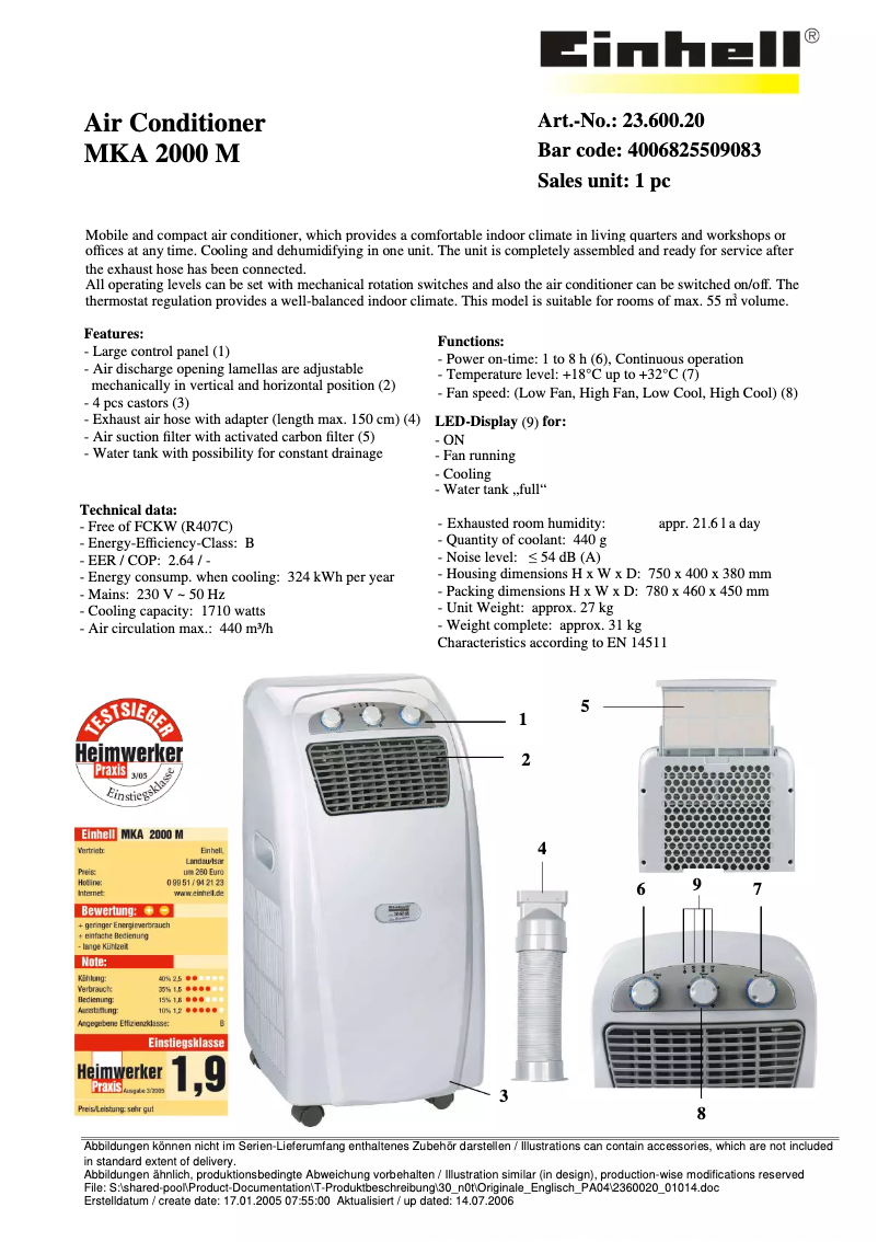 Page n°1 - Fiche technique Einhell MKA 2000 M
