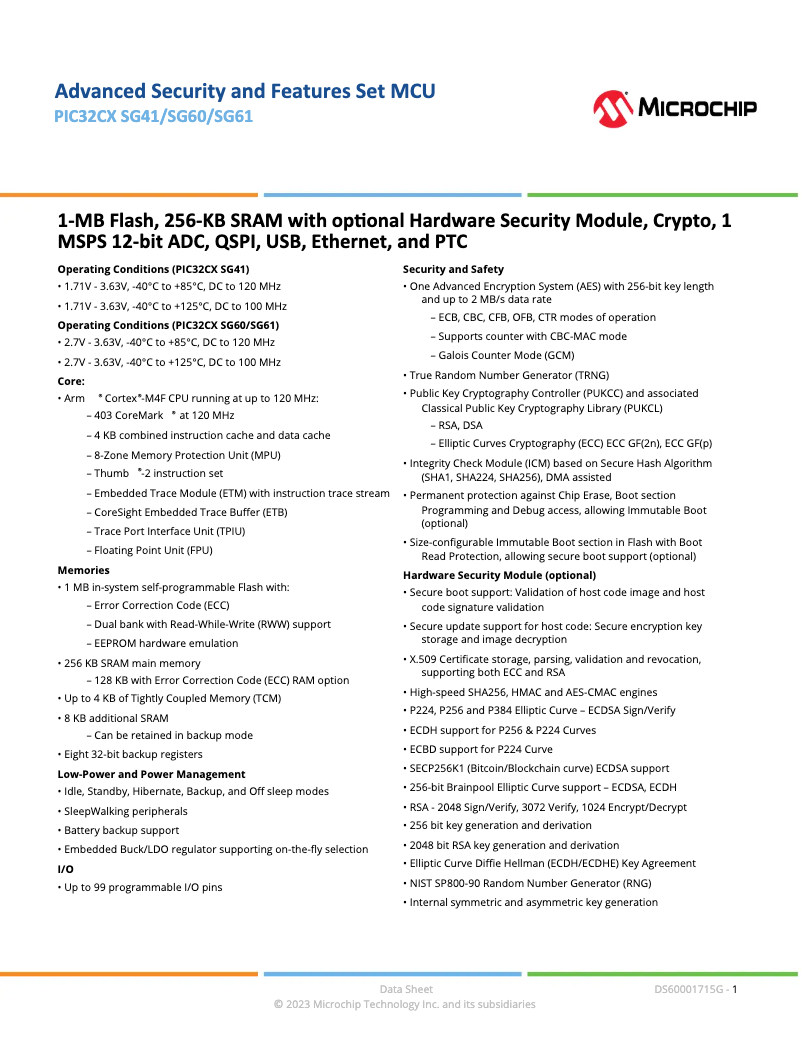 Page 1 de la notice Fiche technique Microchip PIC32CX1025SG41100