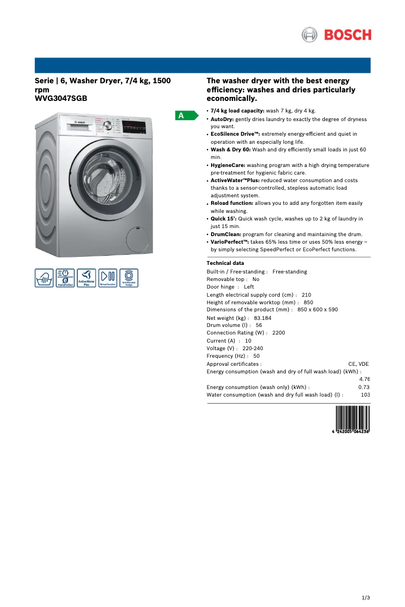 Page 1 de la notice Fiche technique Bosch WVG3047SGB