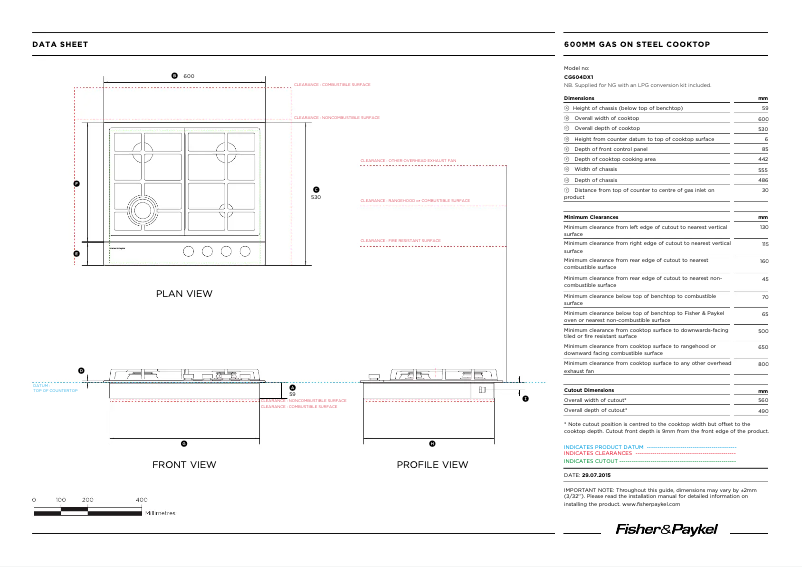 Page 1 de la notice Fiche technique Fisher & Paykel CG604DTGX1