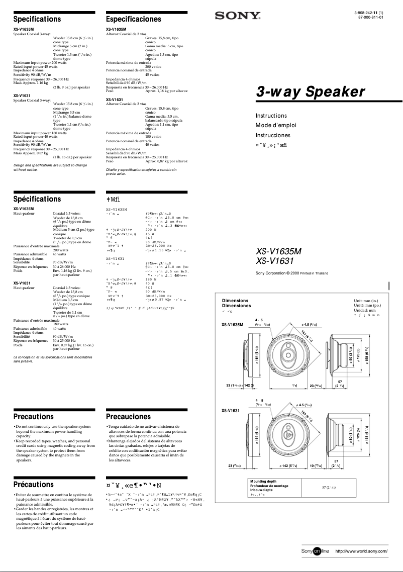 Page 1 de la notice Manuel utilisateur Sony XS-V1631