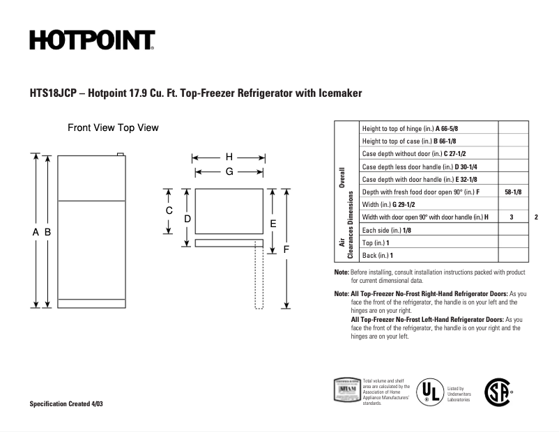 Page n°1 - Fiche technique Hotpoint HTS18JCPWW