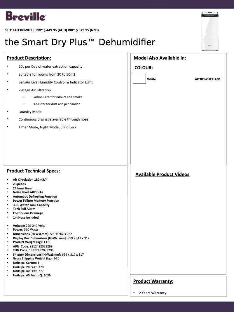 Página 1 del manual Ficha técnica Breville The Smart Dry Plus LAD300