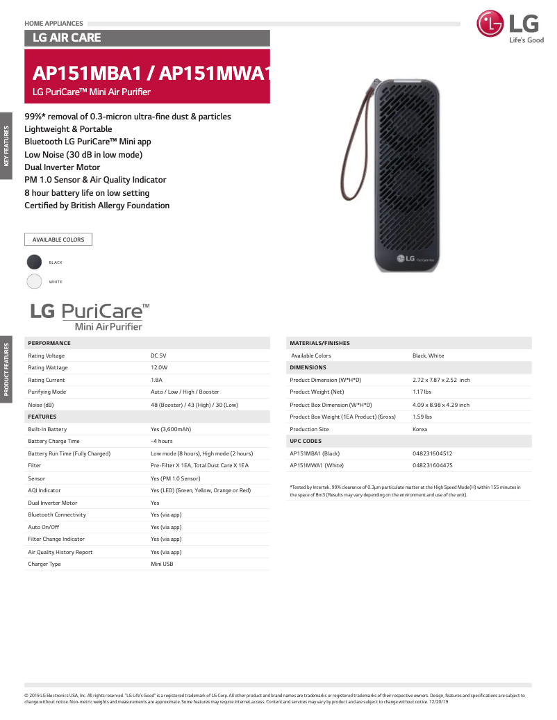 Page 1 de la notice Fiche technique LG PuriCare AP151MWA1