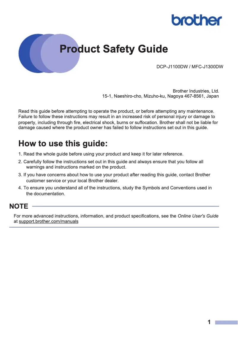 Page 1 de la notice Instructions de sécurité Brother MFC-J1300DW