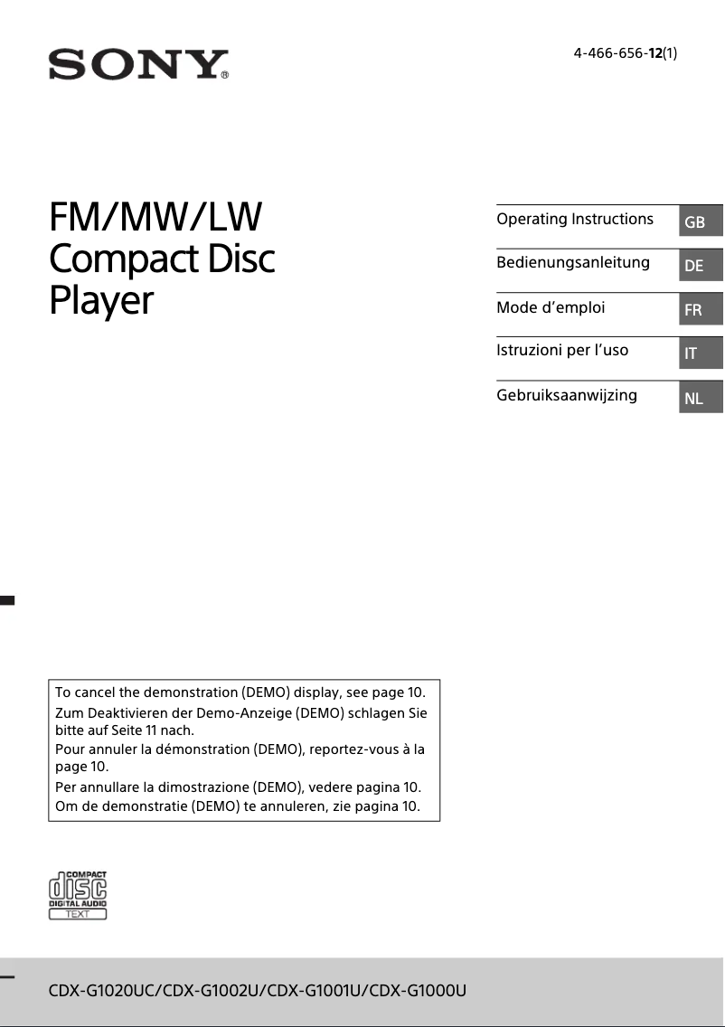 Page 1 de la notice Mode d'emploi Sony CDX-G1002U