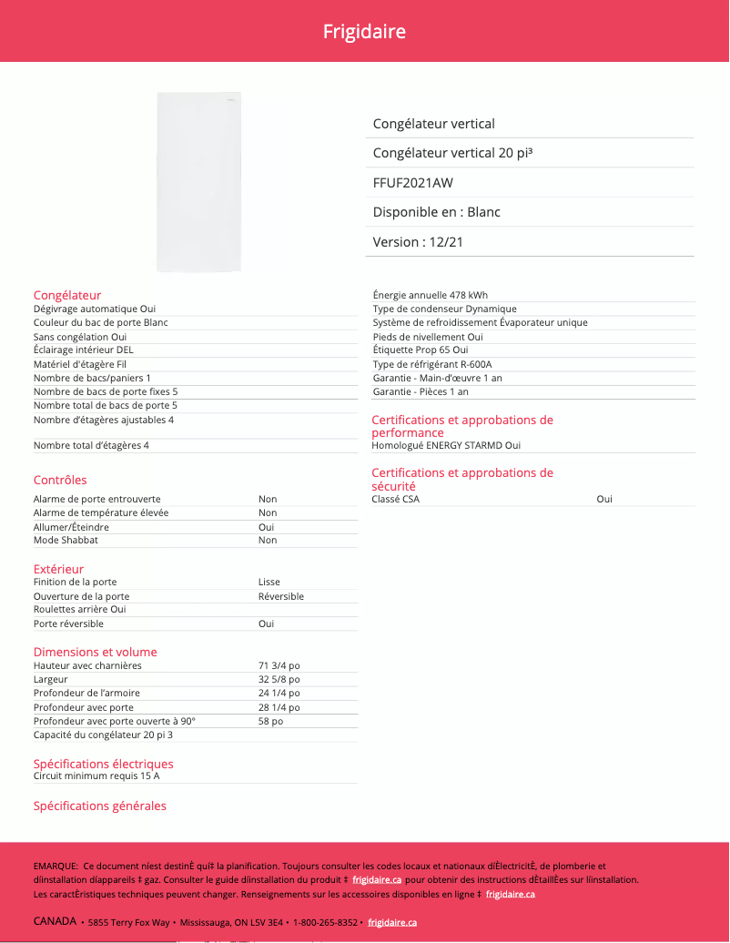 Page 1 de la notice Fiche technique Frigidaire FFUF2021AW