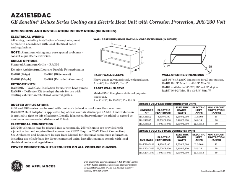 Page 1 of the manual Technical Sheet GE AZ41E15DAC Zoneline