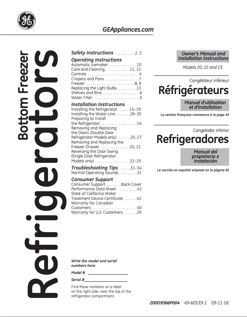 Page n°1 - Manuel d'utilisation et d'entretien GE GNS22EBB