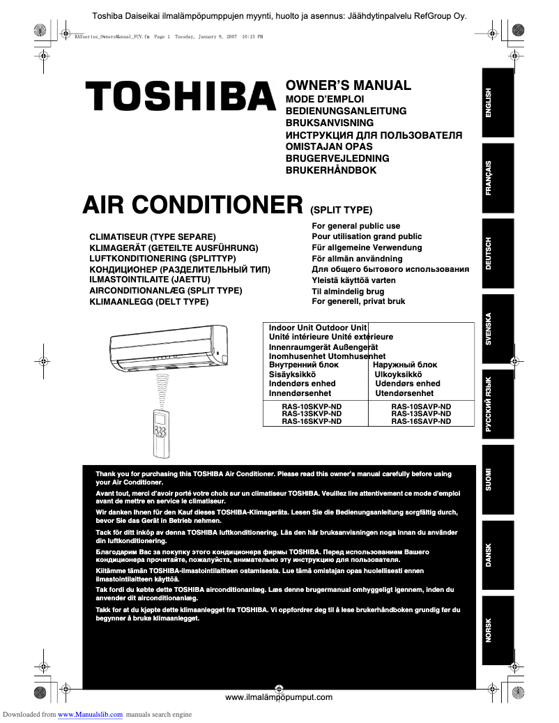 Página 1 del manual Manual de usuario Toshiba RAS-13SKVP-ND
