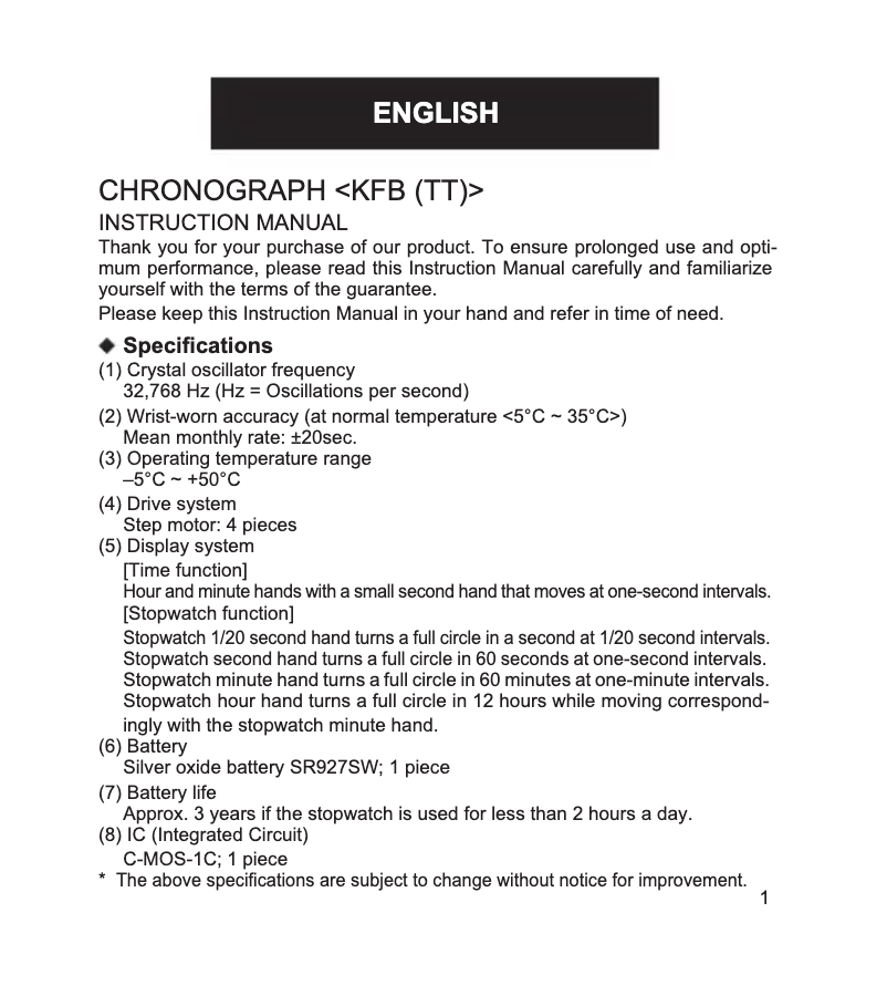 Page 1 de la notice Manuel utilisateur ORIENT Sport FTT0Y001B0