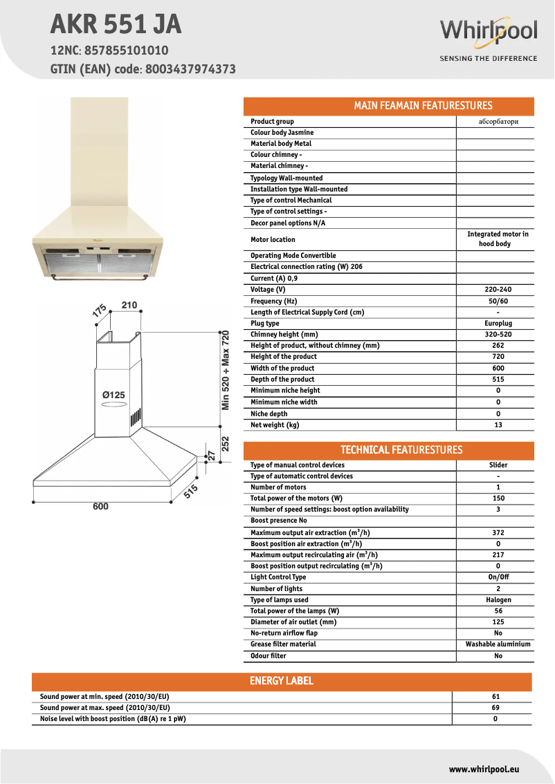 Page 1 de la notice Fiche technique Whirlpool AKR 551 JA