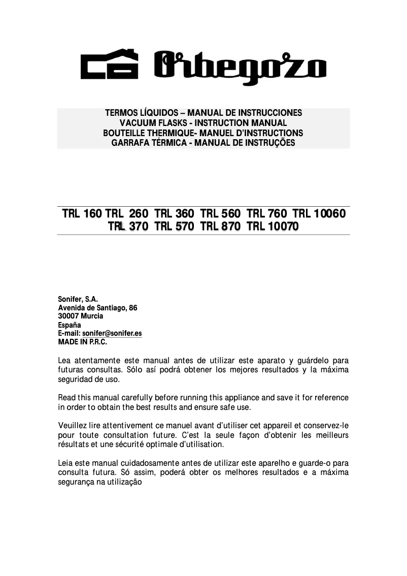 Page 1 de la notice Manuel utilisateur Orbegozo TRL 370