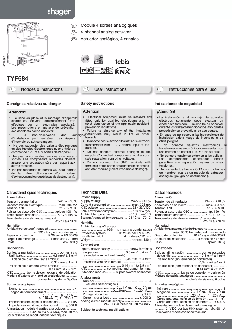 Page 1 de la notice Manuel utilisateur Hager TYF684