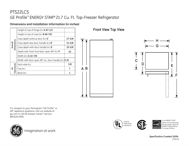 Page 1 de la notice Fiche technique GE PTS22LCSWW