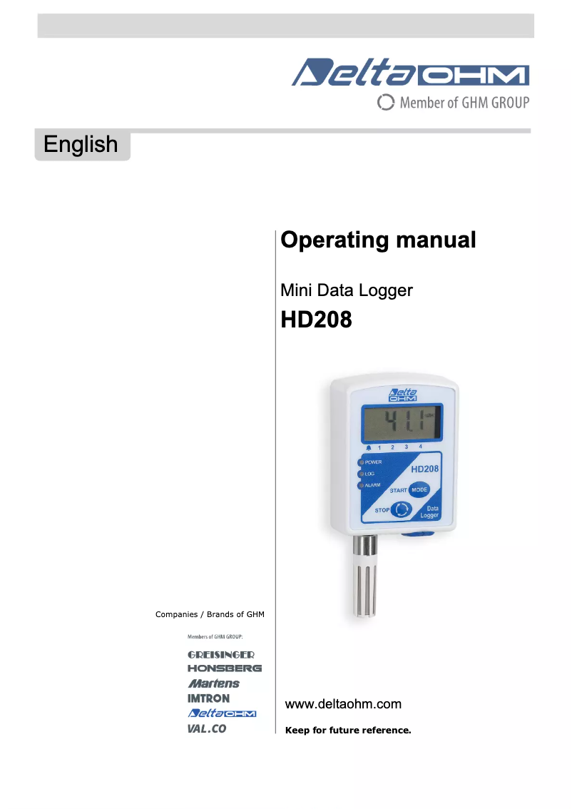 Page 1 de la notice Manuel utilisateur Delta Ohm HD208