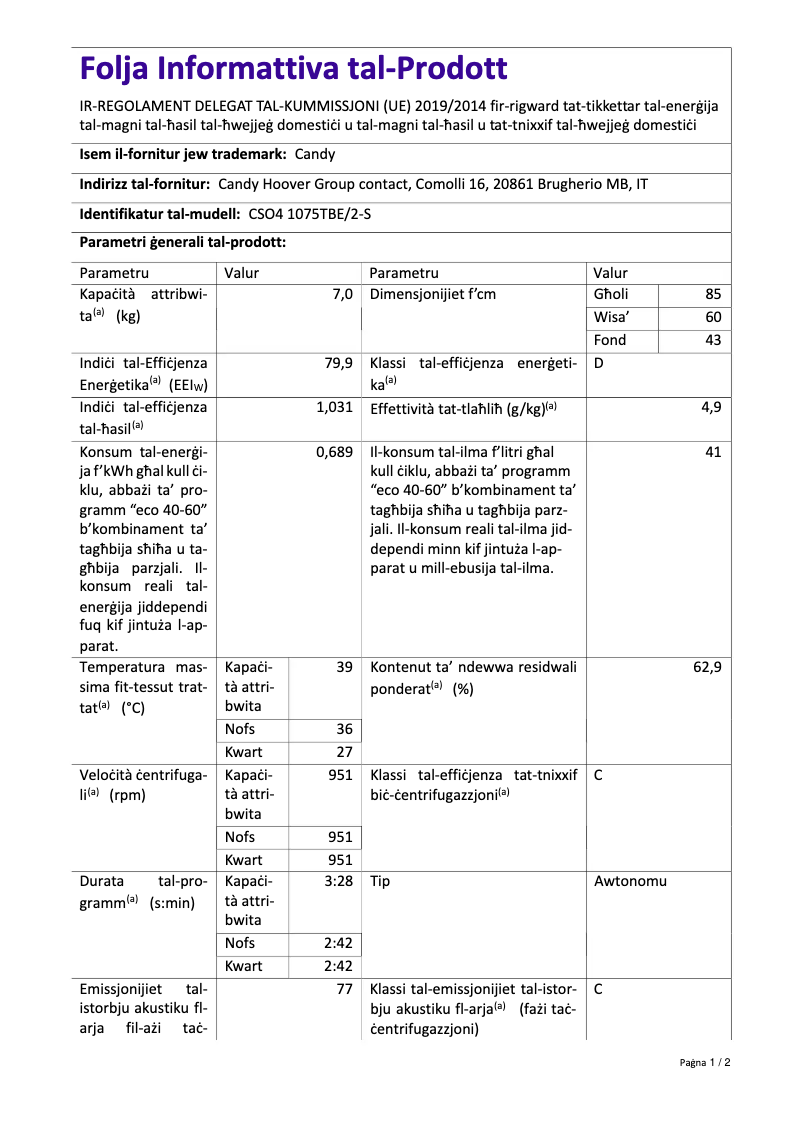 Page 1 de la notice Fiche technique Candy CSO4 1075TBE/2-S