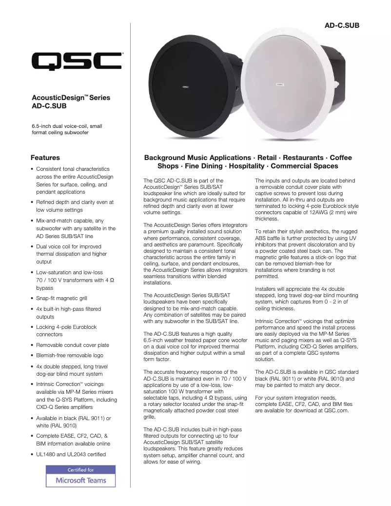 Página 1 del manual Ficha técnica QSC AD-C.SUB