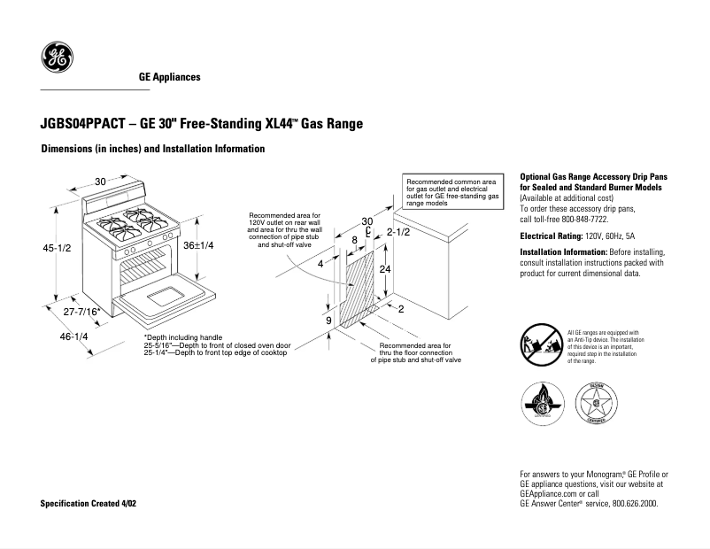 Page 1 of the manual Technical Sheet GE JGBS04PPACT