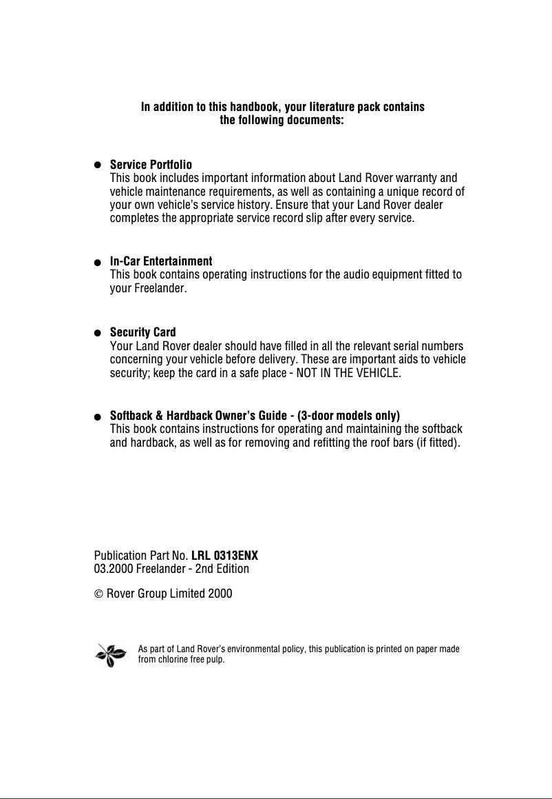 Page 1 de la notice Manuel utilisateur Land Rover Freelander (2001)