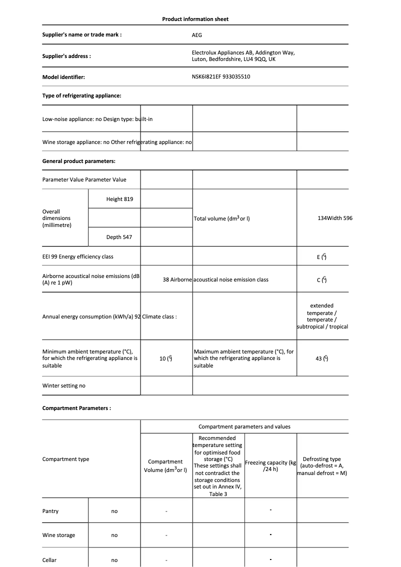 Page 1 de la notice Fiche technique AEG NSK6I821EF