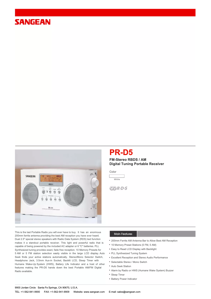 Página 1 del manual Ficha técnica Sangean PR-D5