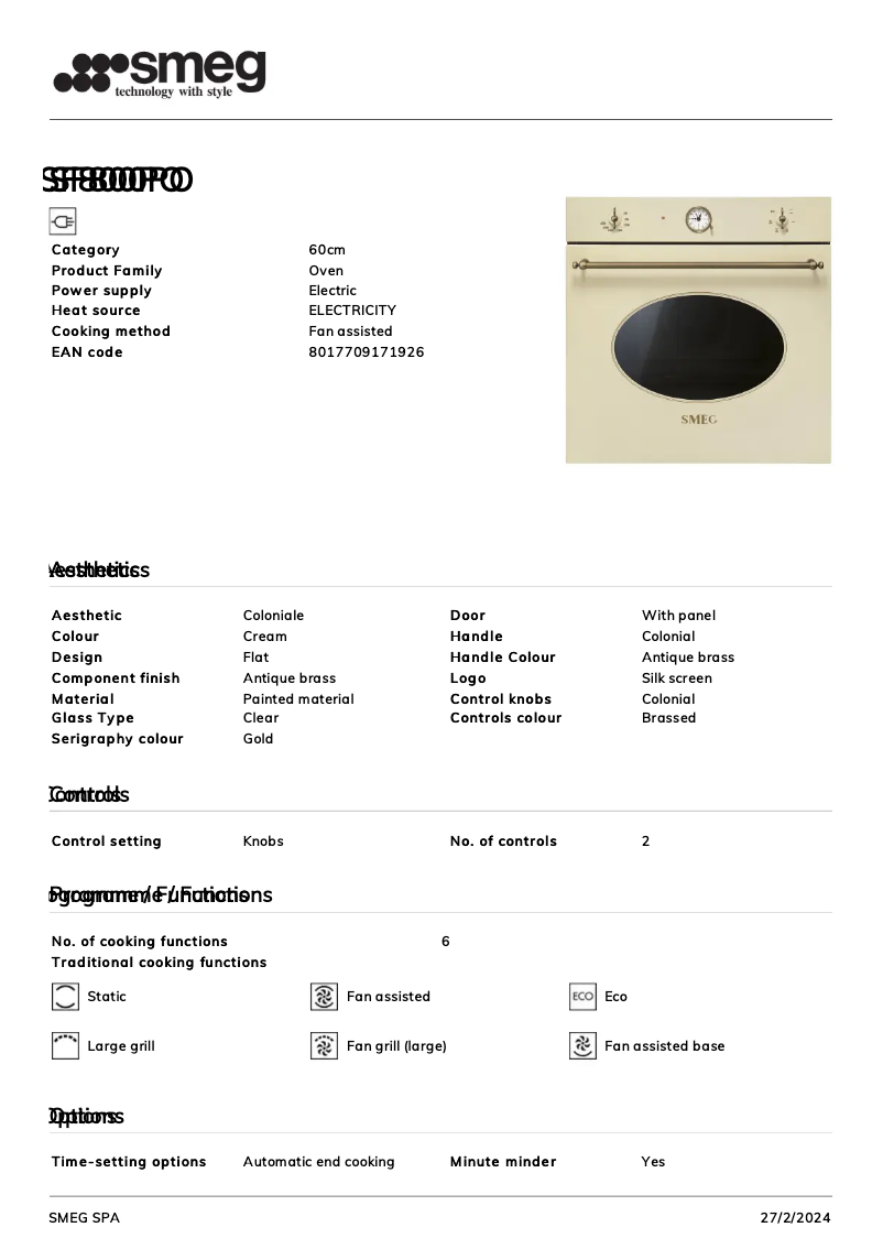 Page 1 de la notice Fiche technique Smeg SF800PO