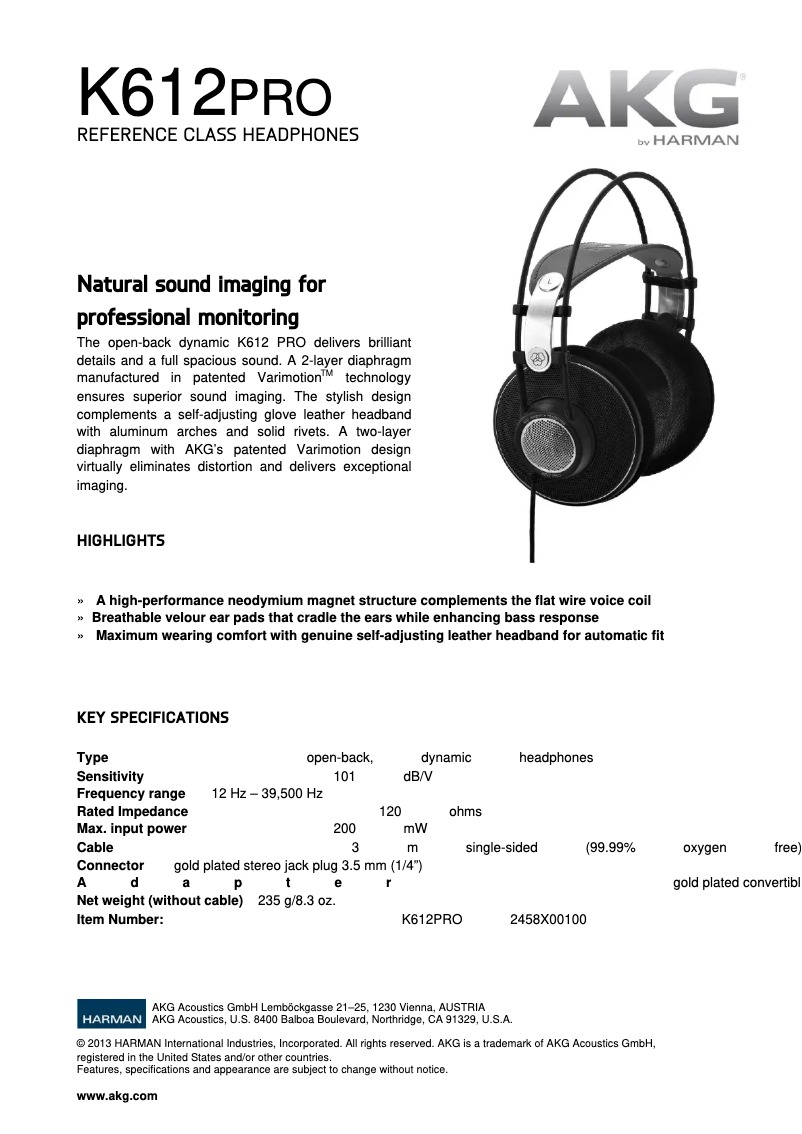 Page n°1 - Manuel utilisateur AKG K612 PRO