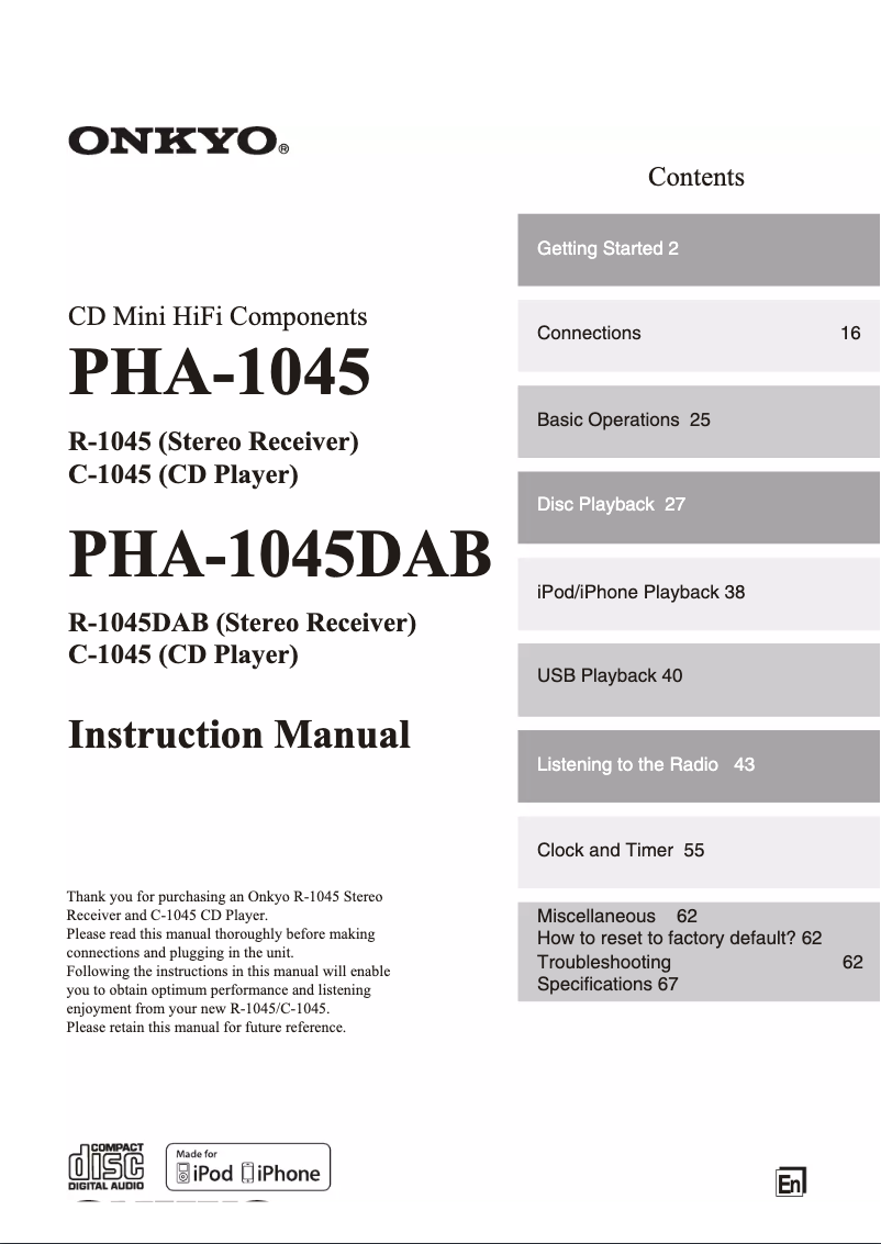 Page 1 de la notice Manuel utilisateur Onkyo R-1045