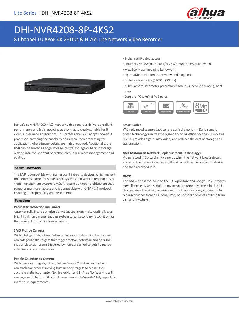 Page n°1 - Fiche technique Dahua Technology NVR4208-8P-4KS2