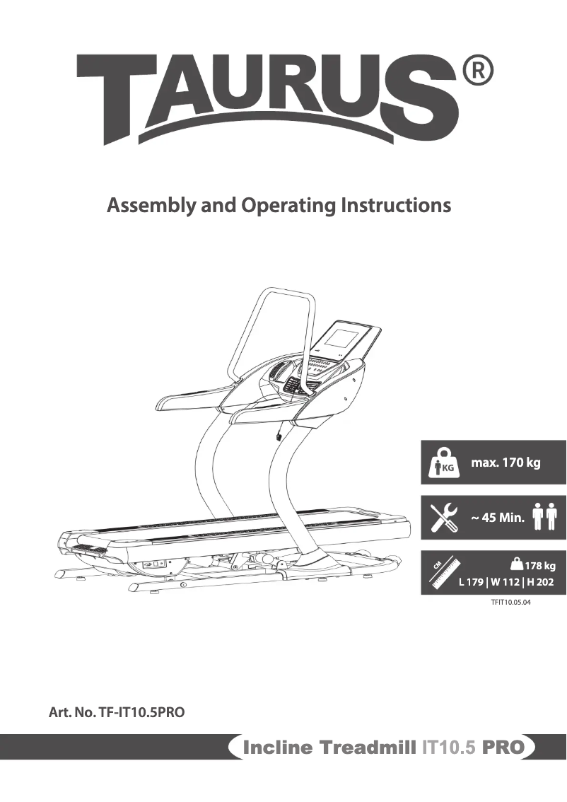 Page 1 de la notice Manuel utilisateur Taurus Incline Treadmill IT10.5 PRO
