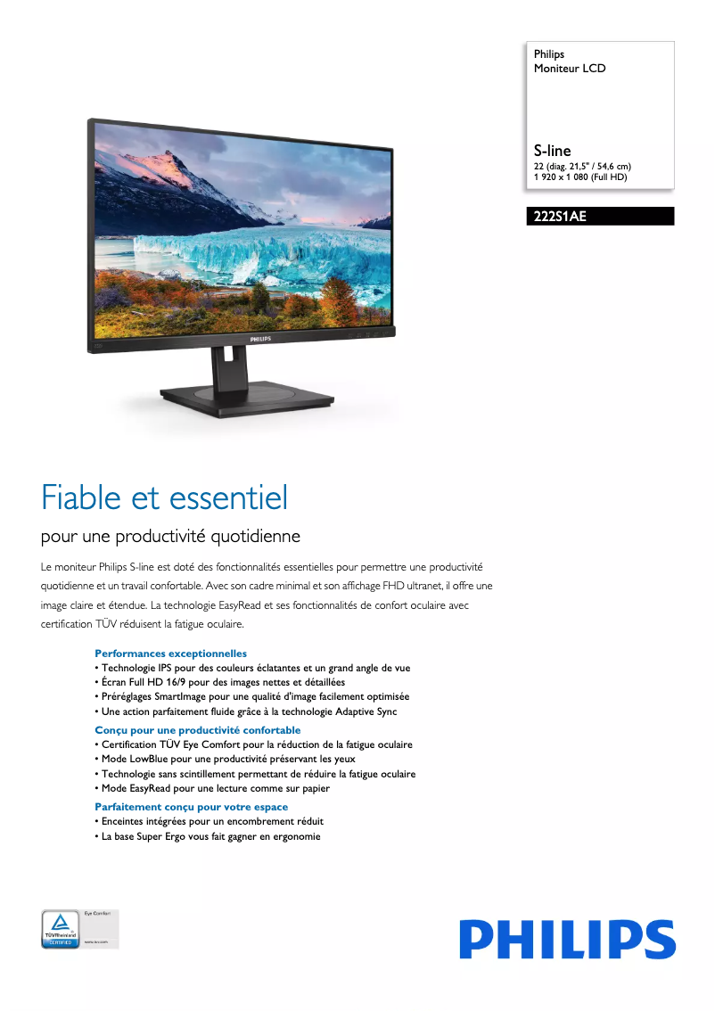 Page 1 de la notice Fiche technique Philips 222S1AE