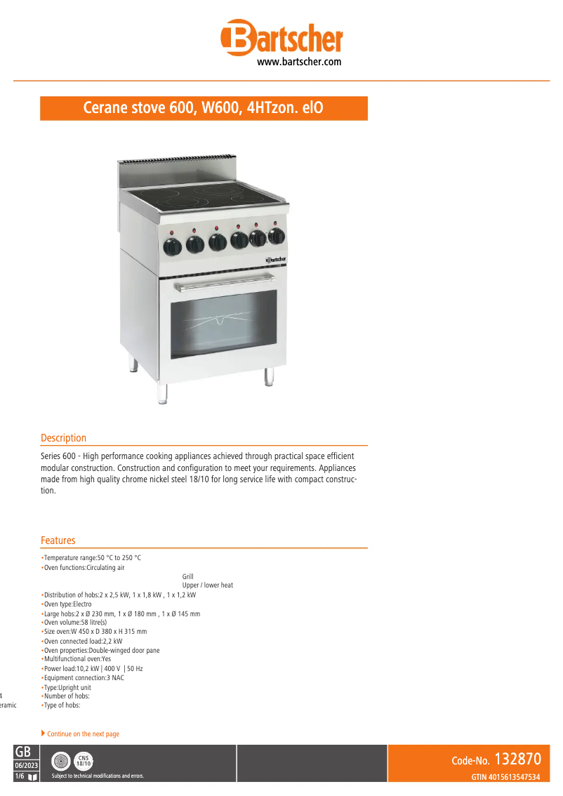 Page 1 de la notice Manuel utilisateur Bartscher 132870